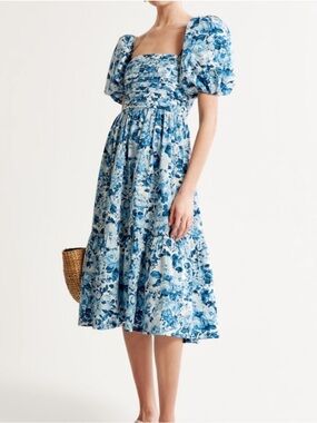 Abercrombie Fitch Emerson Floral Poplin Puff Sleeve Midi Dress Blue xs